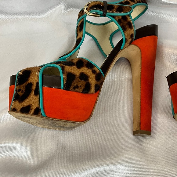 Brian Atwood Leopard Pony Hair Platform Heels Turquoise Trim Size 40 - Picture 11 of 15